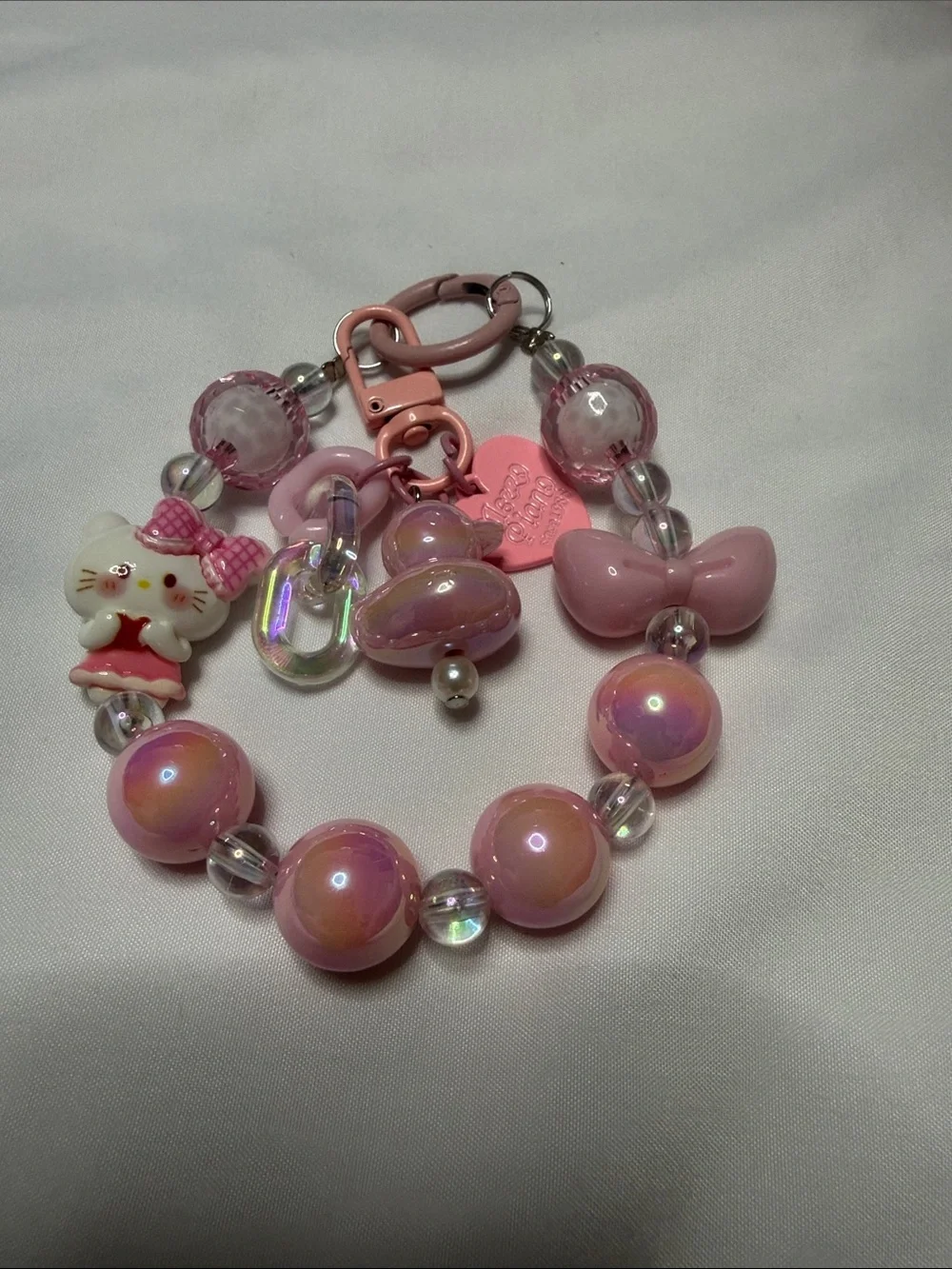 Pink Iridescent Beaded Charm with Cat Charm Keychain